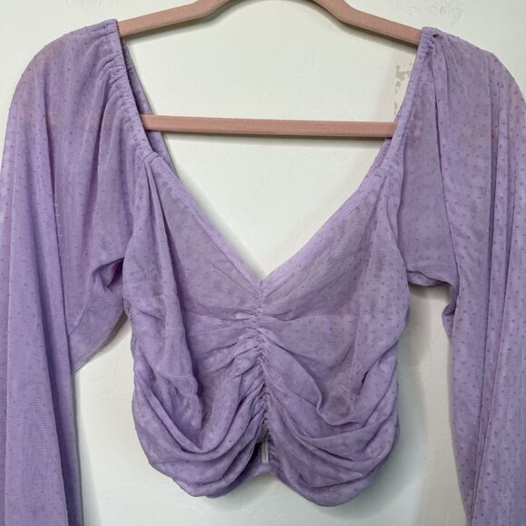 ASOS Size 4 Purple Ruched Sheer Swiss Dot Long Sleeve Crop Top - Picture 5 of 14